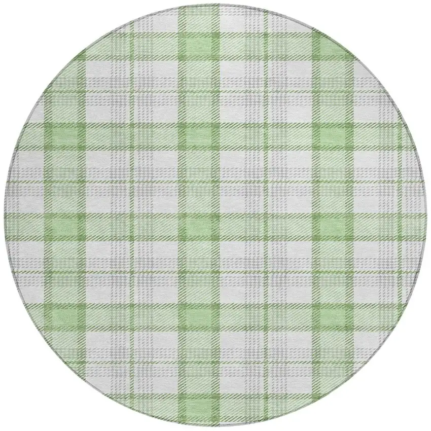 8' Mint Green And Beige Round Plaid Washable Indoor Outdoor Area Rug Photo 6