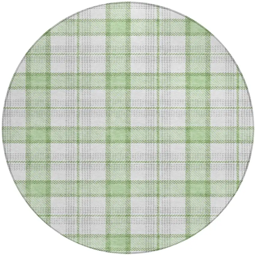 8' Mint Green And Beige Round Plaid Washable Indoor Outdoor Area Rug Photo 2