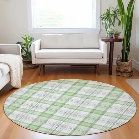 8' Mint Green And Beige Round Plaid Washable Indoor Outdoor Area Rug Photo 8