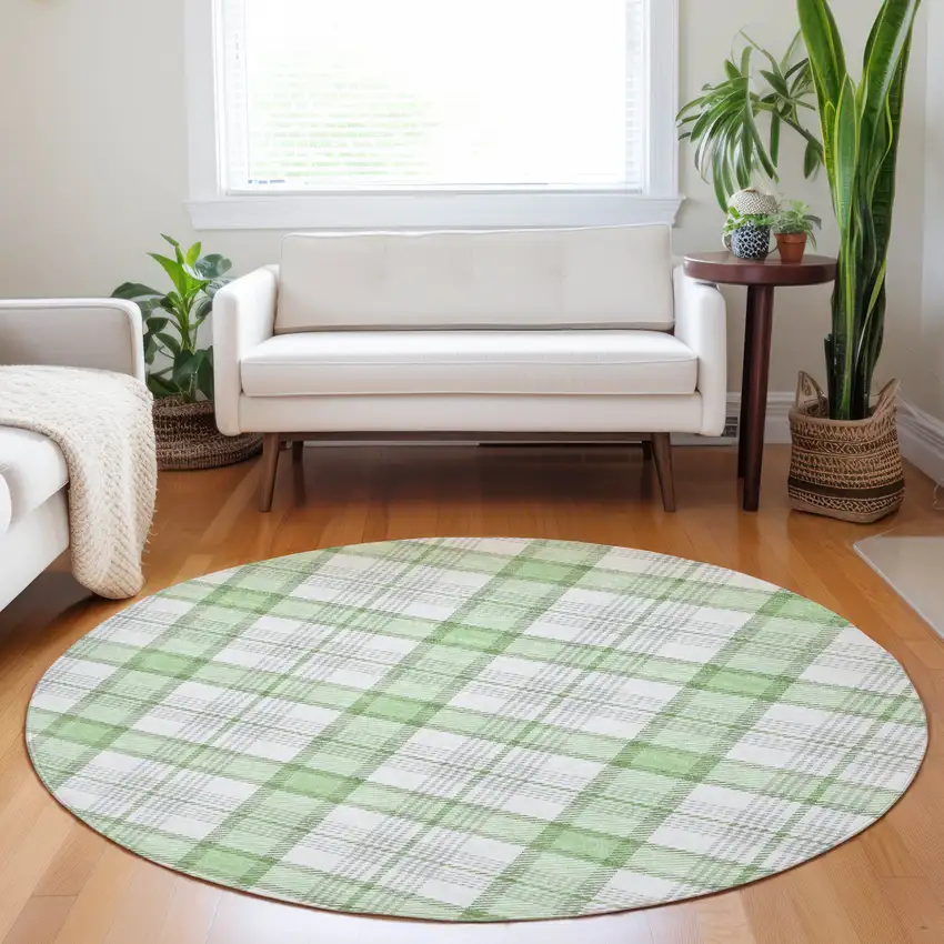 8' Mint Green And Beige Round Plaid Washable Indoor Outdoor Area Rug Photo 8