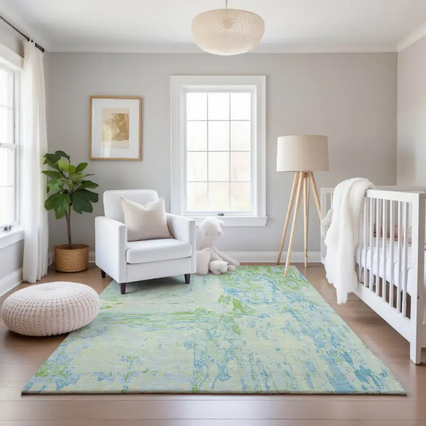 8' Mint Green And Blue Abstract Washable Area Rug With UV Protection Photo 4