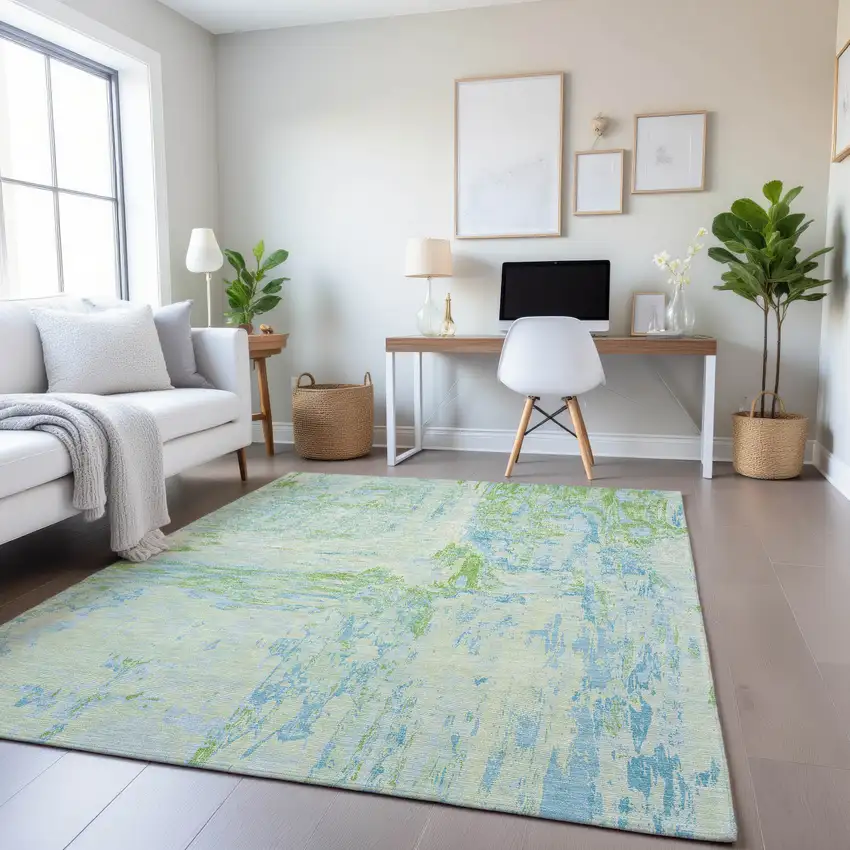 8' Mint Green And Blue Abstract Washable Area Rug With UV Protection Photo 3