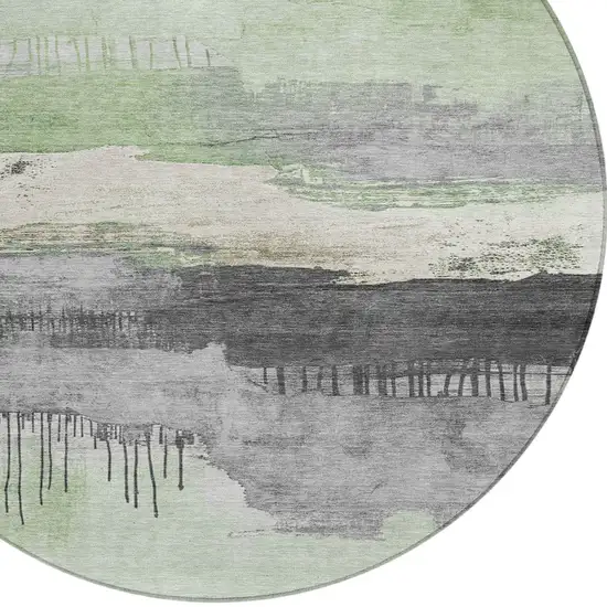 8' Mint Green And Charcoal Round Abstract Washable Indoor Outdoor Area Rug Photo 8