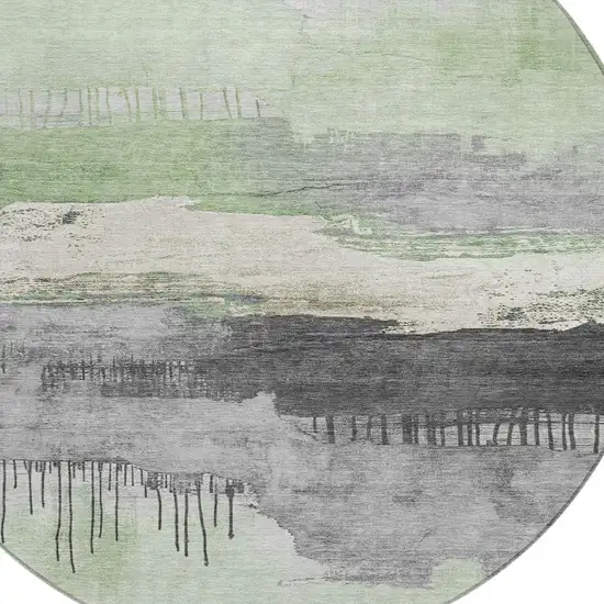 8' Mint Green And Charcoal Round Abstract Washable Indoor Outdoor Area Rug Photo 4