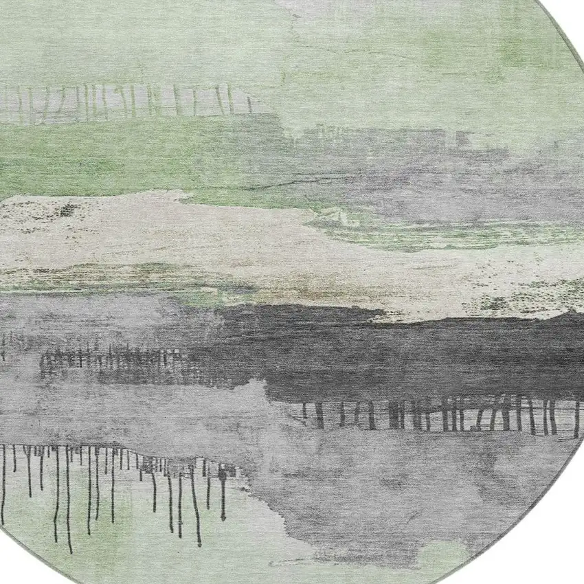 8' Mint Green And Charcoal Round Abstract Washable Indoor Outdoor Area Rug Photo 4