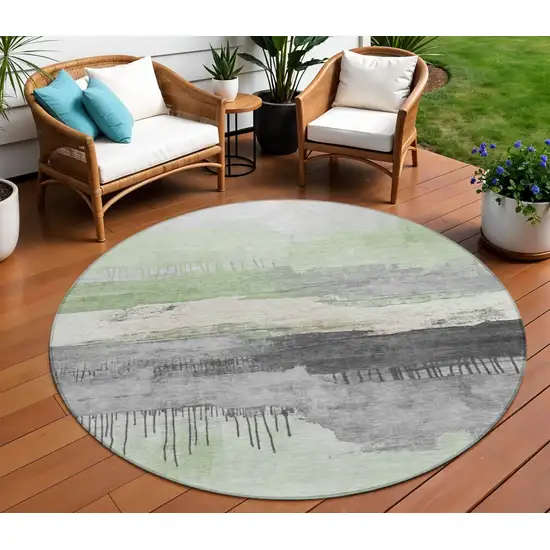 8' Mint Green And Charcoal Round Abstract Washable Indoor Outdoor Area Rug Photo 2