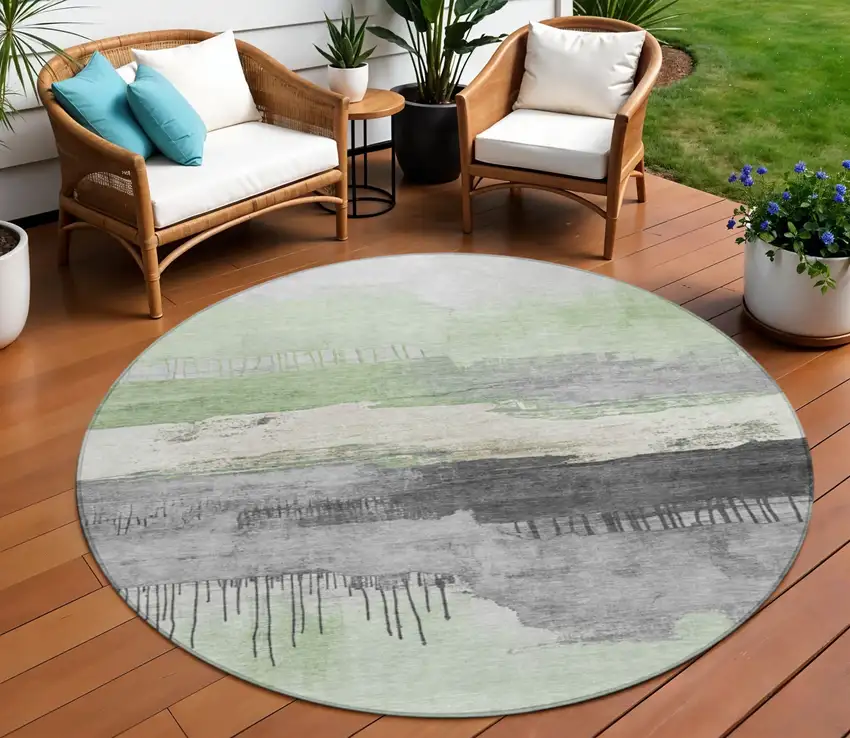 8' Mint Green And Charcoal Round Abstract Washable Indoor Outdoor Area Rug Photo 2