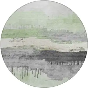 Photo of 8' Mint Green And Charcoal Round Abstract Washable Indoor Outdoor Area Rug