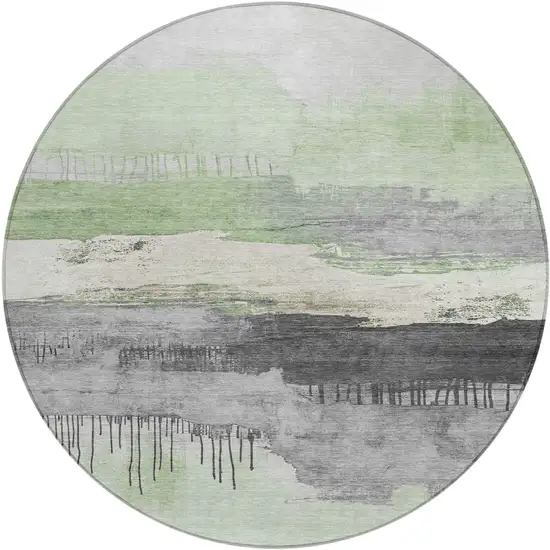 8' Mint Green And Charcoal Round Abstract Washable Indoor Outdoor Area Rug Photo 1