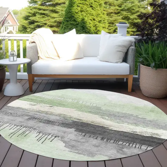 8' Mint Green And Charcoal Round Abstract Washable Indoor Outdoor Area Rug Photo 5