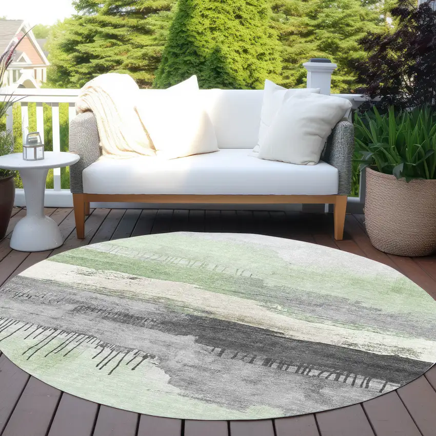 8' Mint Green And Charcoal Round Abstract Washable Indoor Outdoor Area Rug Photo 5