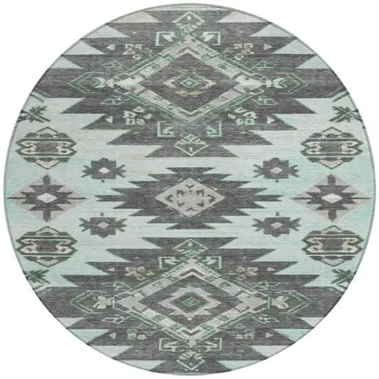 8' Mint Green And Charcoal Round Tribal Washable Indoor Outdoor Area Rug Photo 3