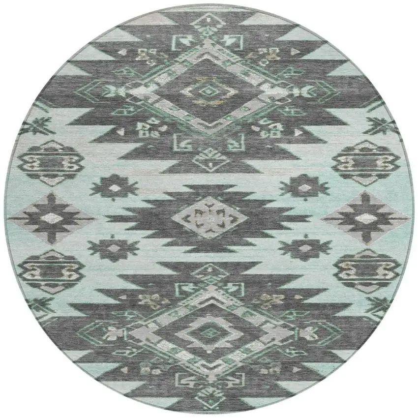 8' Mint Green And Charcoal Round Tribal Washable Indoor Outdoor Area Rug Photo 3