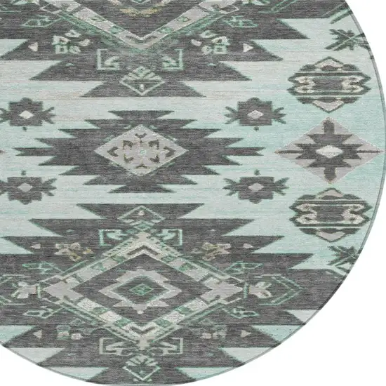 8' Mint Green And Charcoal Round Tribal Washable Indoor Outdoor Area Rug Photo 8