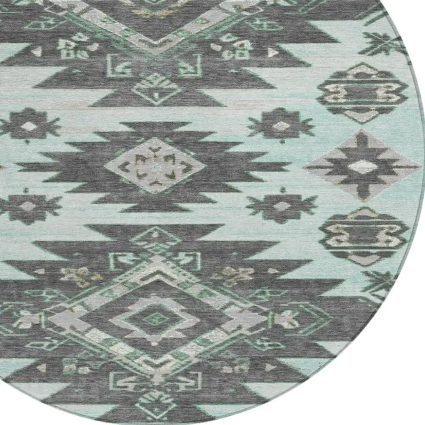 8' Mint Green And Charcoal Round Tribal Washable Indoor Outdoor Area Rug Photo 8