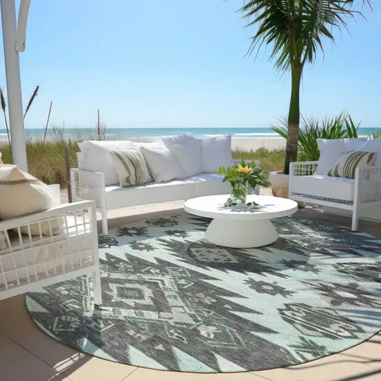 8' Mint Green And Charcoal Round Tribal Washable Indoor Outdoor Area Rug Photo 5