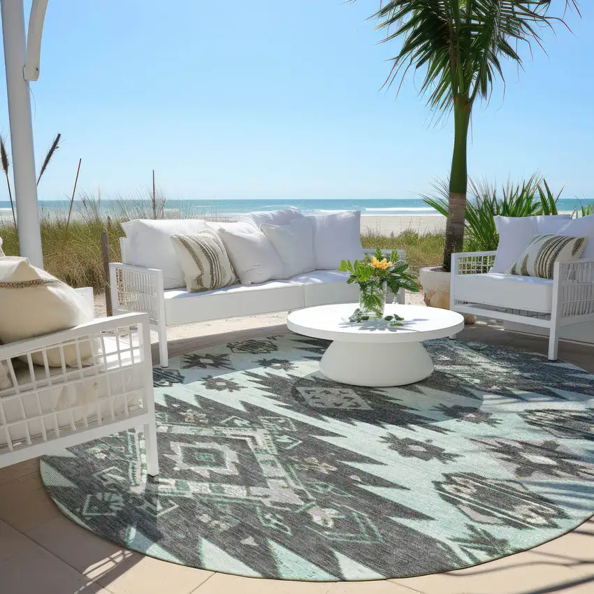 8' Mint Green And Charcoal Round Tribal Washable Indoor Outdoor Area Rug Photo 5