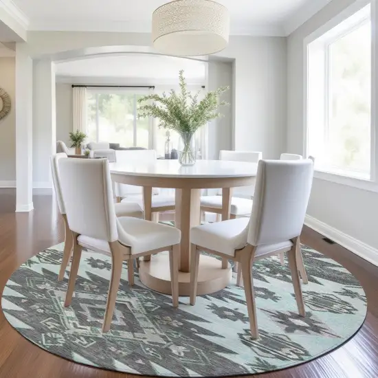 8' Mint Green And Charcoal Round Tribal Washable Indoor Outdoor Area Rug Photo 6