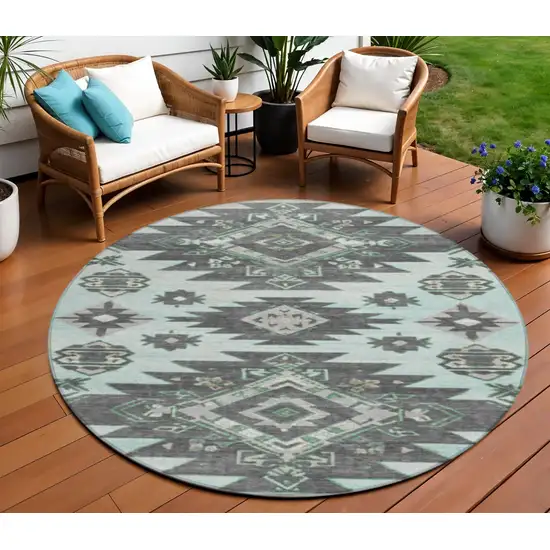8' Mint Green And Charcoal Round Tribal Washable Indoor Outdoor Area Rug Photo 2