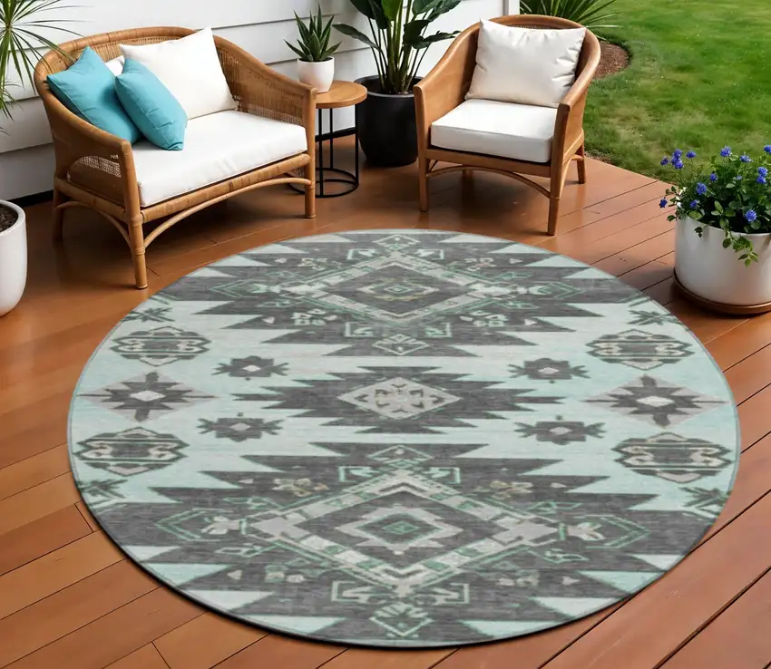 8' Mint Green And Charcoal Round Tribal Washable Indoor Outdoor Area Rug Photo 2