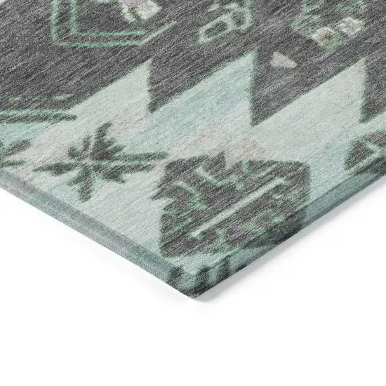 8' Mint Green And Charcoal Round Tribal Washable Indoor Outdoor Area Rug Photo 7