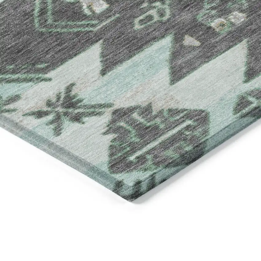 8' Mint Green And Charcoal Round Tribal Washable Indoor Outdoor Area Rug Photo 7