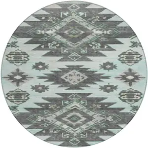 Photo of 8' Mint Green And Charcoal Round Tribal Washable Indoor Outdoor Area Rug