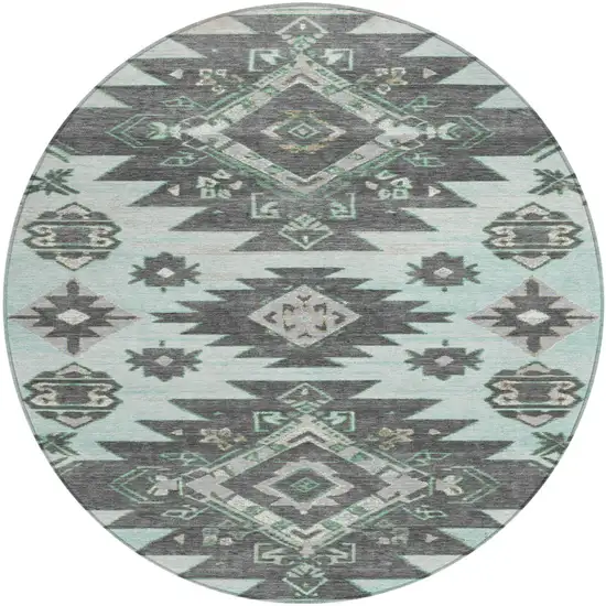 8' Mint Green And Charcoal Round Tribal Washable Indoor Outdoor Area Rug Photo 1