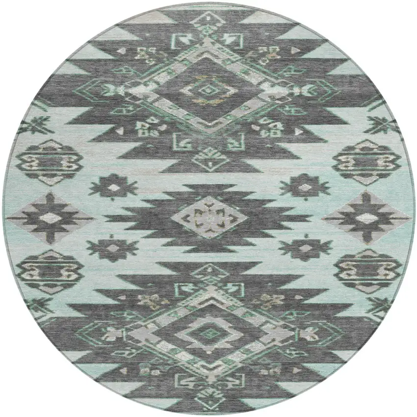8' Mint Green And Charcoal Round Tribal Washable Indoor Outdoor Area Rug Photo 1