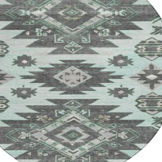 8' Mint Green And Charcoal Round Tribal Washable Indoor Outdoor Area Rug Photo 4