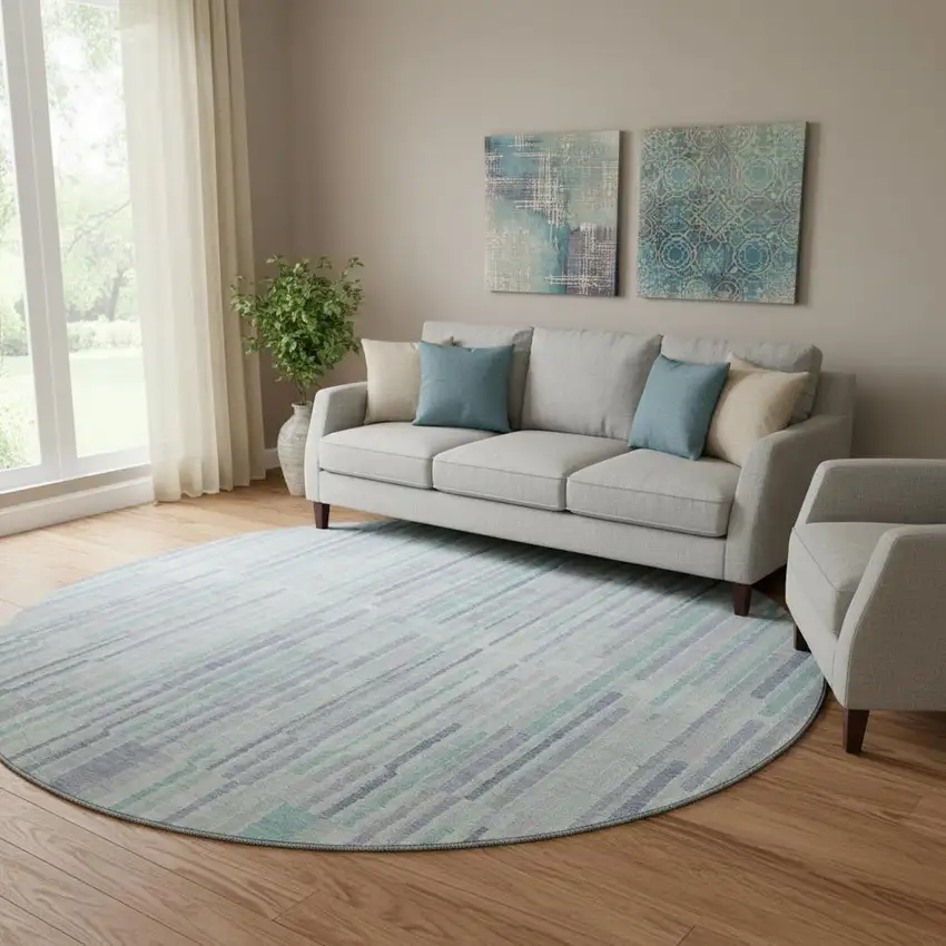 8' Mint Green And Denim Blue Striped Washable Round Rug With UV Protection Photo 2