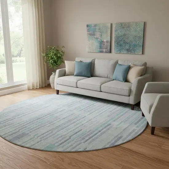 8' Mint Green And Denim Blue Striped Washable Round Rug With UV Protection Photo 2