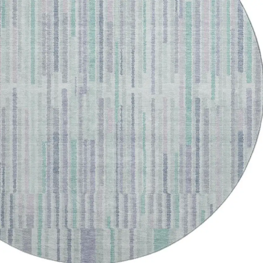 8' Mint Green And Denim Blue Striped Washable Round Rug With UV Protection Photo 3