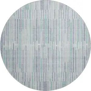 Photo of 8' Mint Green And Denim Blue Striped Washable Round Rug With UV Protection