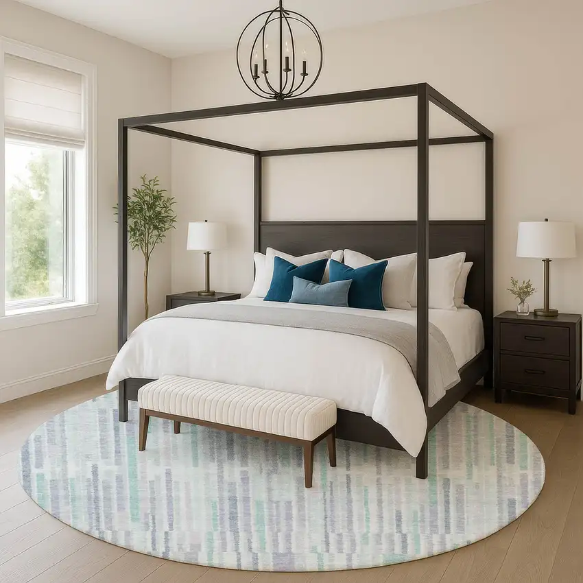 8' Mint Green And Denim Blue Striped Washable Round Rug With UV Protection Photo 5