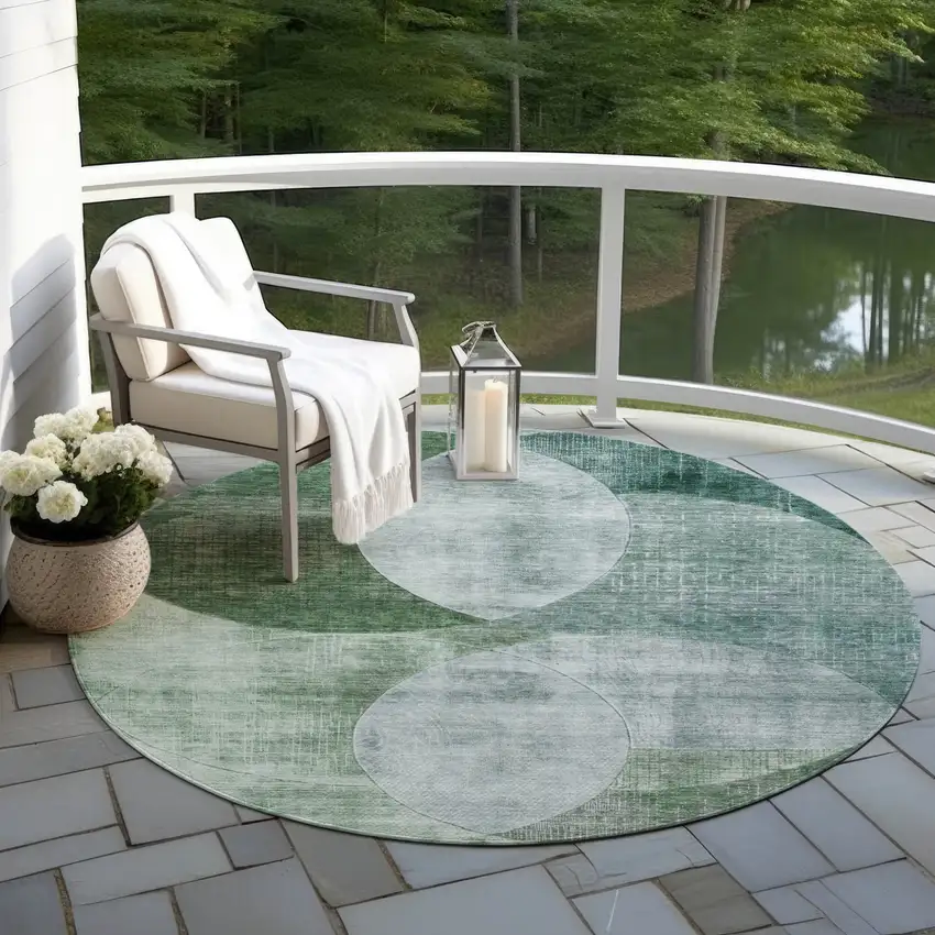 8' Mint Green And Fern Green Round Geometric Washable Indoor Outdoor Area Rug Photo 7