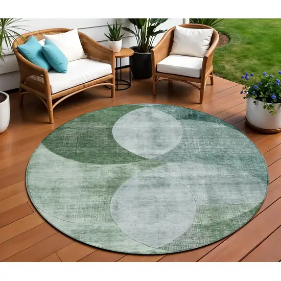 8' Mint Green And Fern Green Round Geometric Washable Indoor Outdoor Area Rug Photo 1