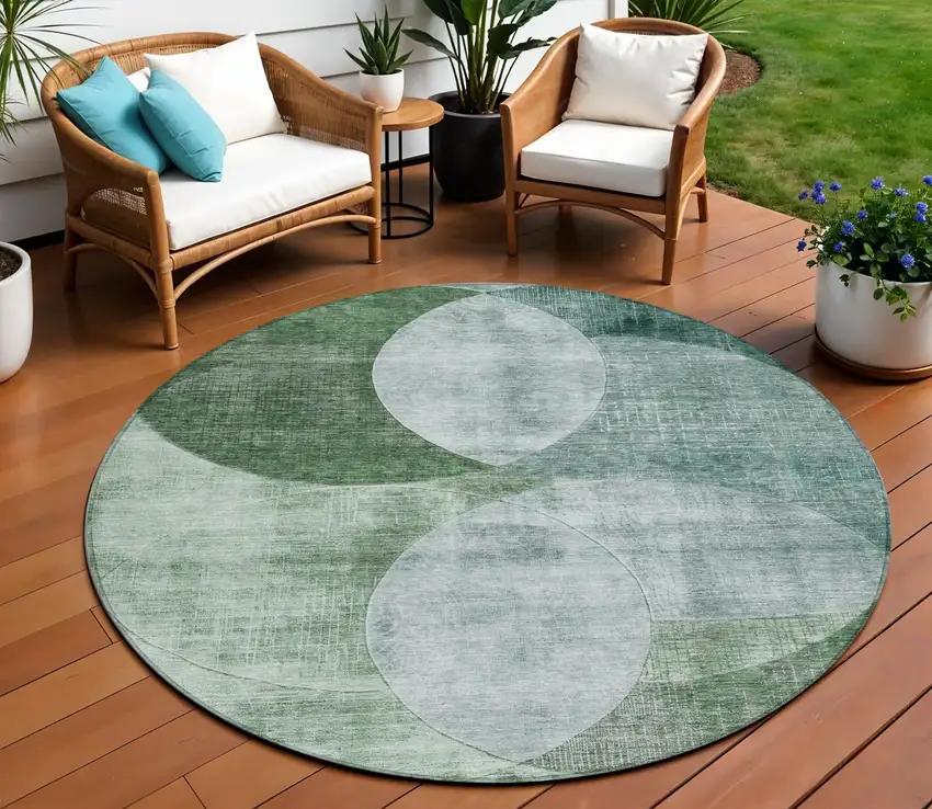 8' Mint Green And Fern Green Round Geometric Washable Indoor Outdoor Area Rug Photo 1