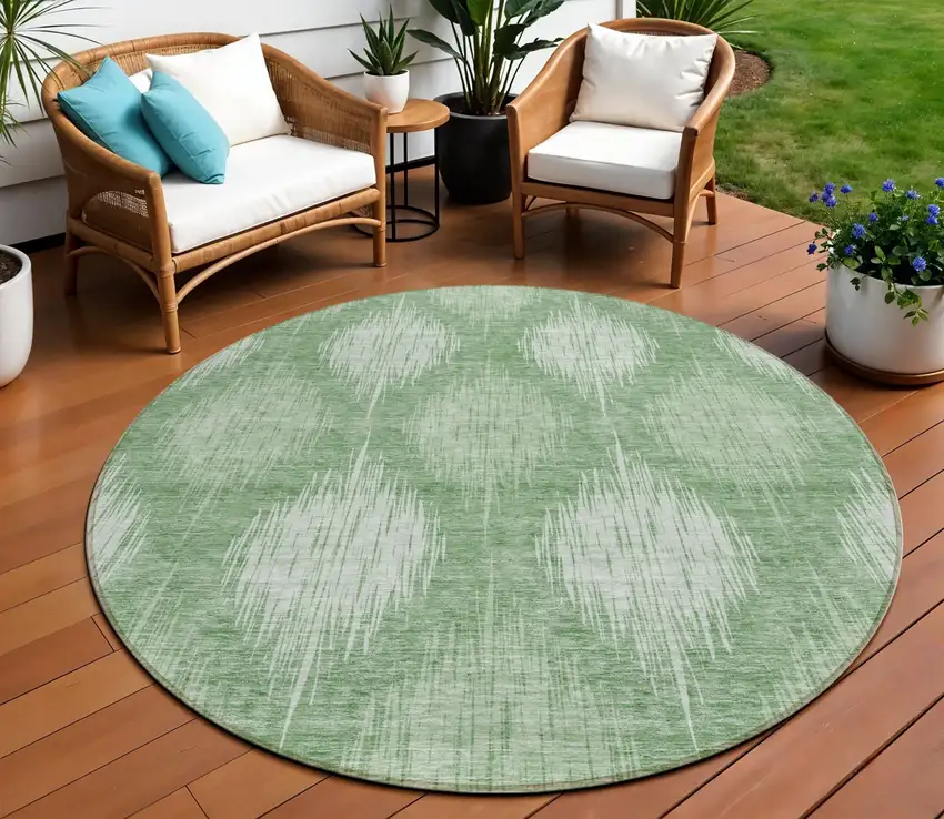 8' Mint Green And Fern Green Round Ikat Washable Indoor Outdoor Area Rug Photo 1