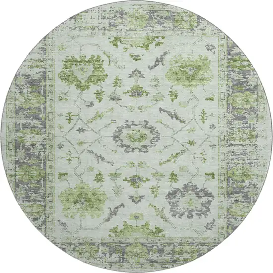 8' Mint Green And Gray Oriental Washable Round Rug With UV Protection Photo 1