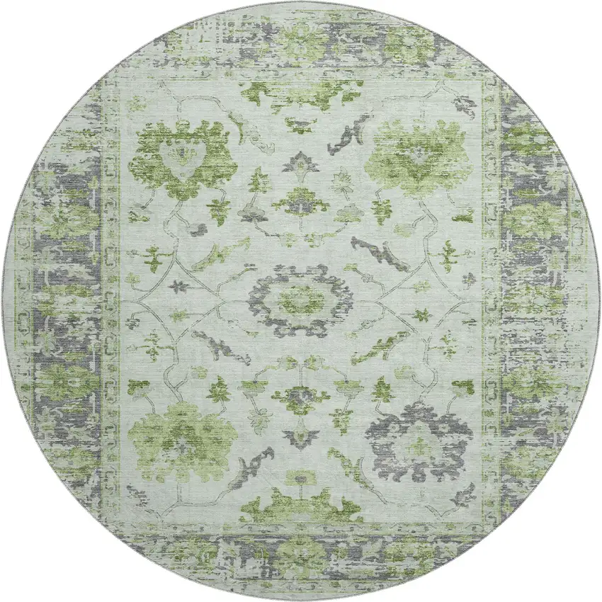 8' Mint Green And Gray Oriental Washable Round Rug With UV Protection Photo 1
