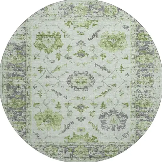 8' Mint Green And Gray Oriental Washable Round Rug With UV Protection Photo 4
