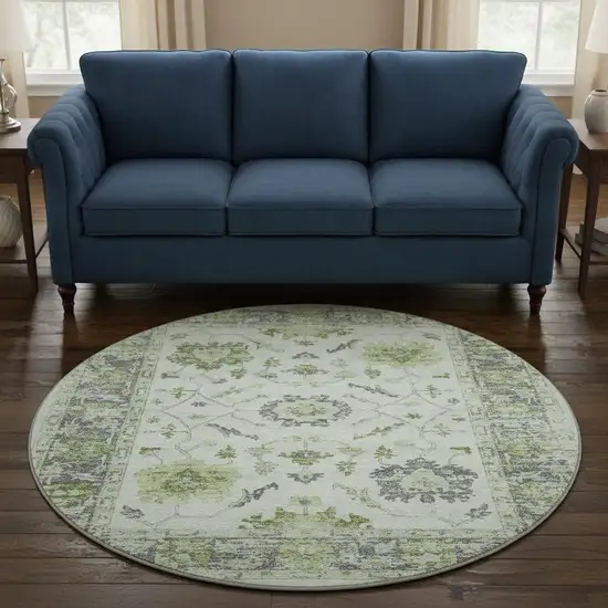 8' Mint Green And Gray Oriental Washable Round Rug With UV Protection Photo 2