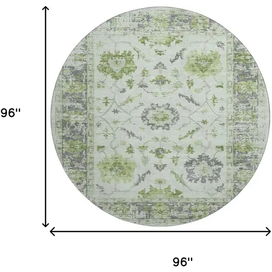 8' Mint Green And Gray Oriental Washable Round Rug With UV Protection Photo 9