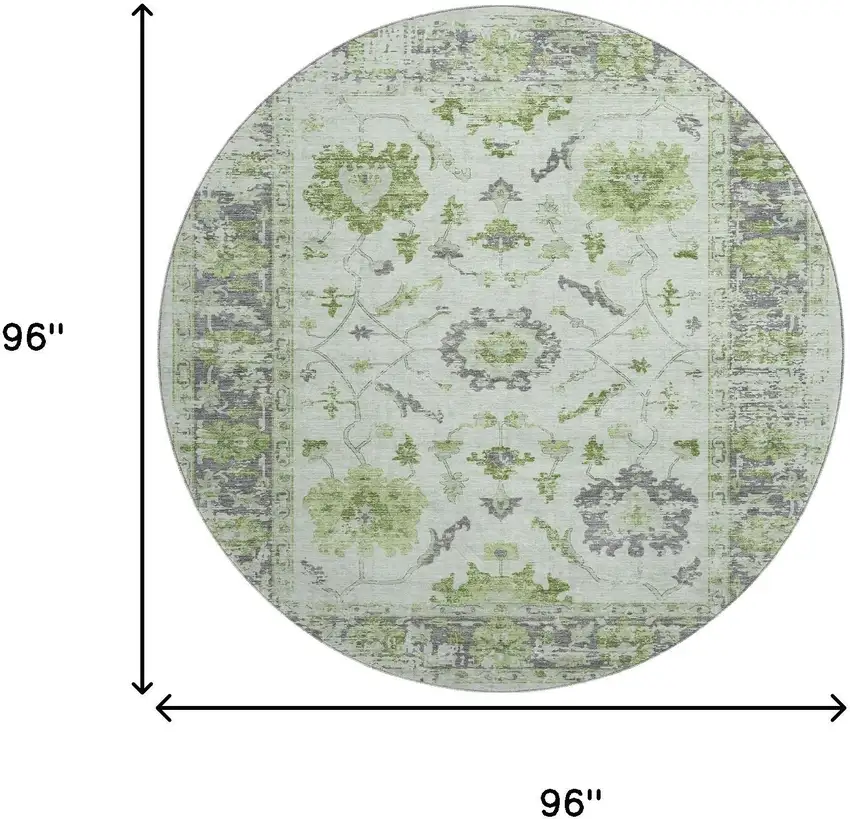 8' Mint Green And Gray Oriental Washable Round Rug With UV Protection Photo 9