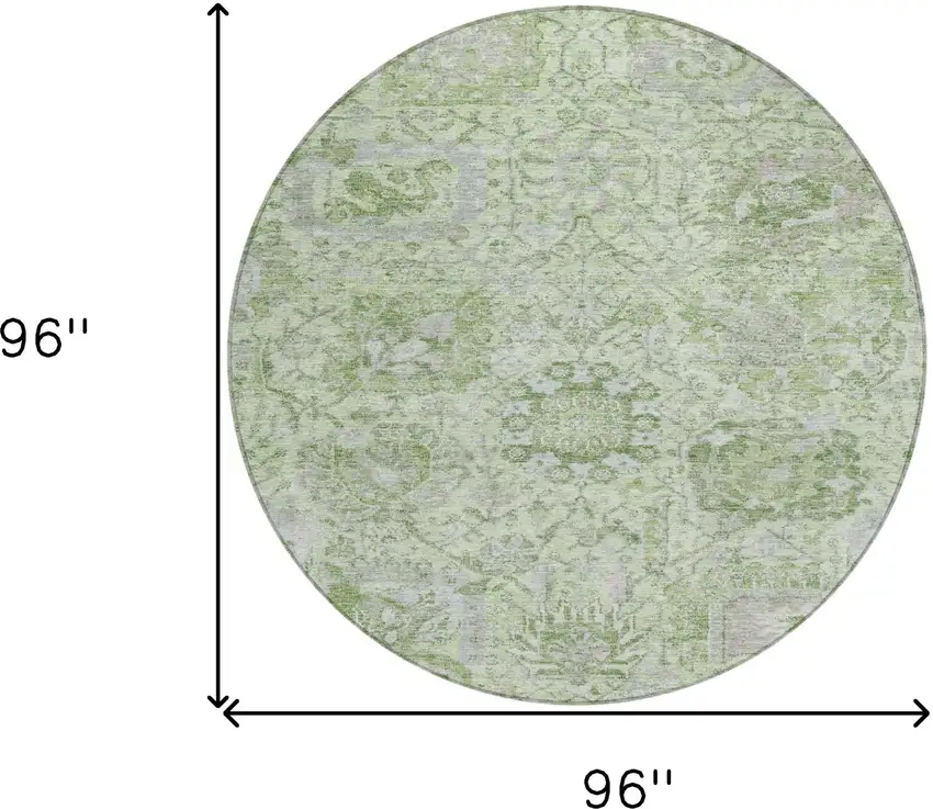 8' Mint Green And Gray Round Damask Washable Indoor Outdoor Area Rug Photo 9