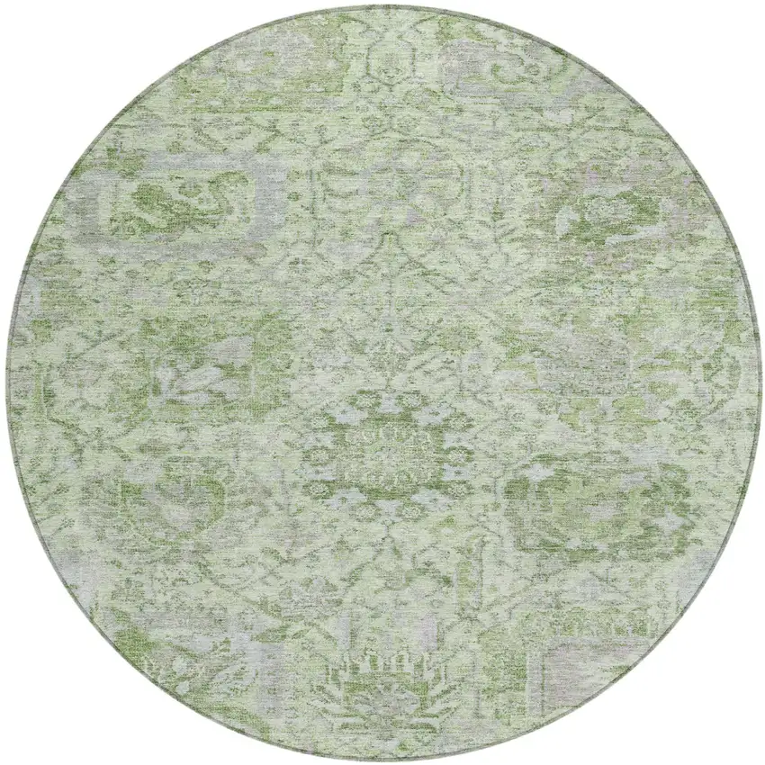 8' Mint Green And Gray Round Damask Washable Indoor Outdoor Area Rug Photo 2
