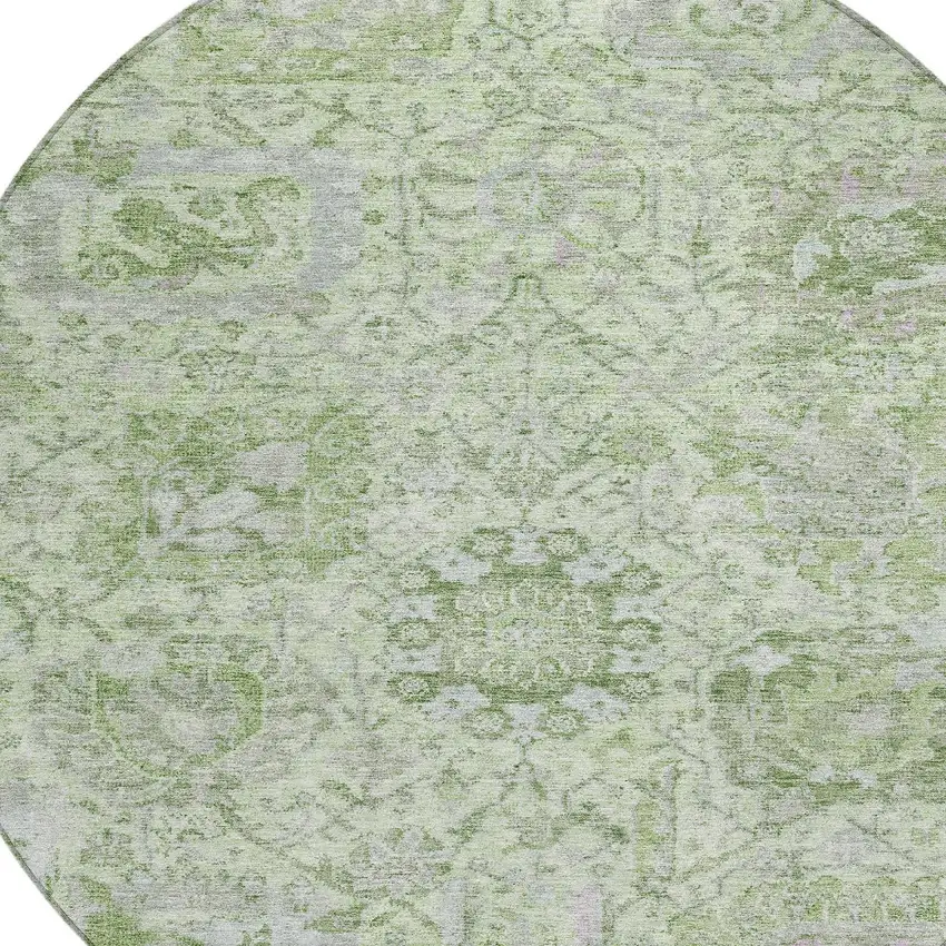 8' Mint Green And Gray Round Damask Washable Indoor Outdoor Area Rug Photo 5