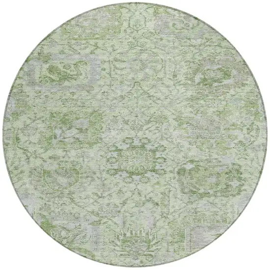 8' Mint Green And Gray Round Damask Washable Indoor Outdoor Area Rug Photo 6