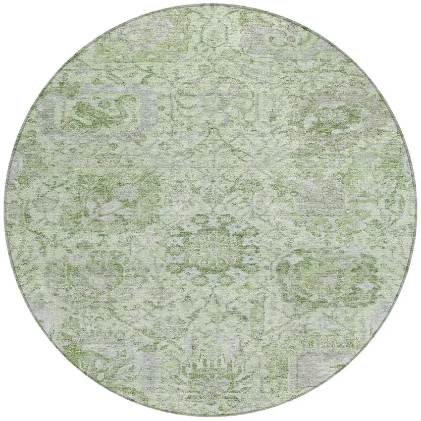 8' Mint Green And Gray Round Damask Washable Indoor Outdoor Area Rug Photo 6